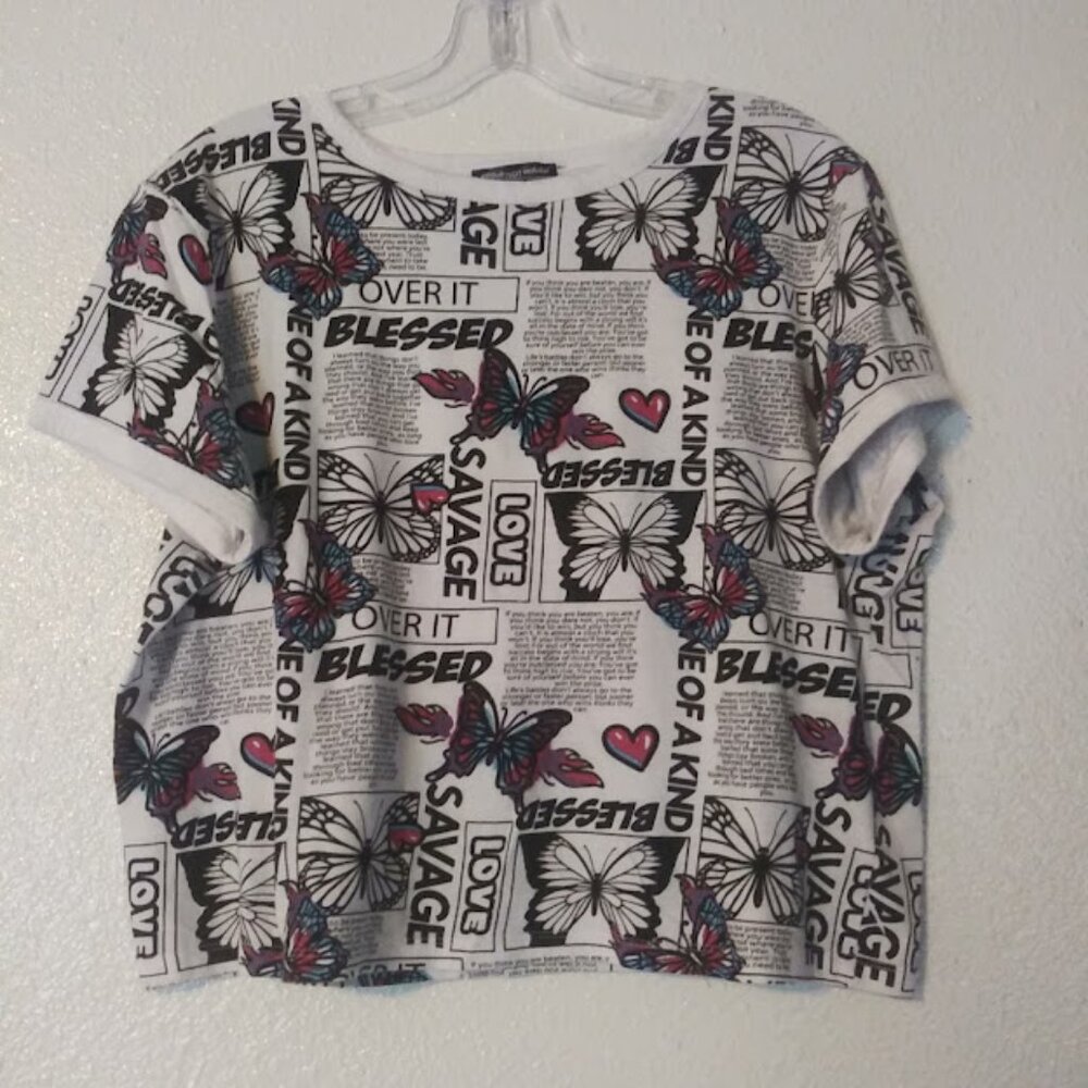 Attitude Not Included women's size L multicolored newspaper print cropped top